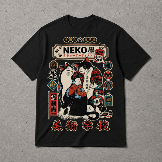 Japanese Tattoo Neko Cat Unisex T-Shirt Retro Irezumi Feline Tee Graphic Apparel