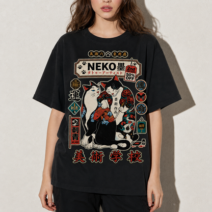 Japanese Tattoo Neko Cat Unisex T-Shirt Retro Irezumi Feline Tee Graphic Apparel