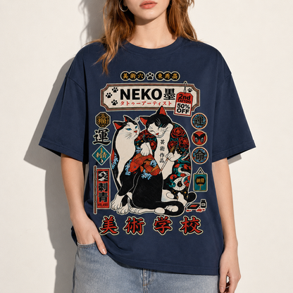 Japanese Tattoo Neko Cat Unisex T-Shirt Retro Irezumi Feline Tee Graphic Apparel