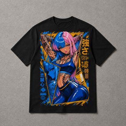 Anime Cyberpunk Tattoo Girl Graphic Tee Japanese Streetwear Unisex Cotton T-Shirt