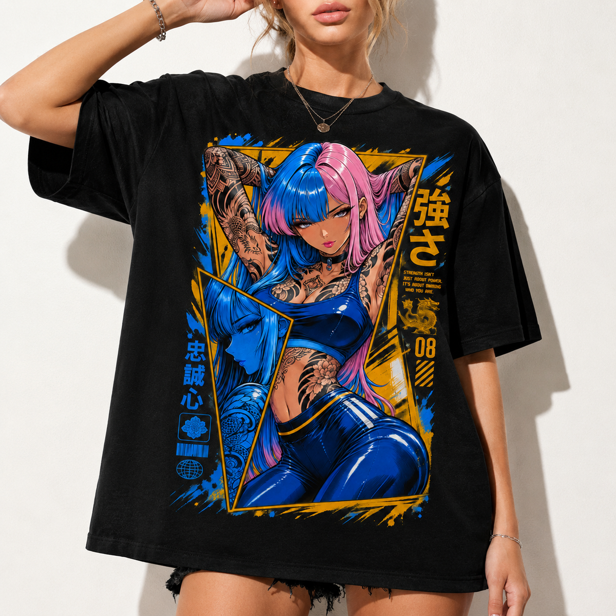 Anime Cyberpunk Tattoo Girl Graphic Tee Japanese Streetwear Unisex Cotton T-Shirt