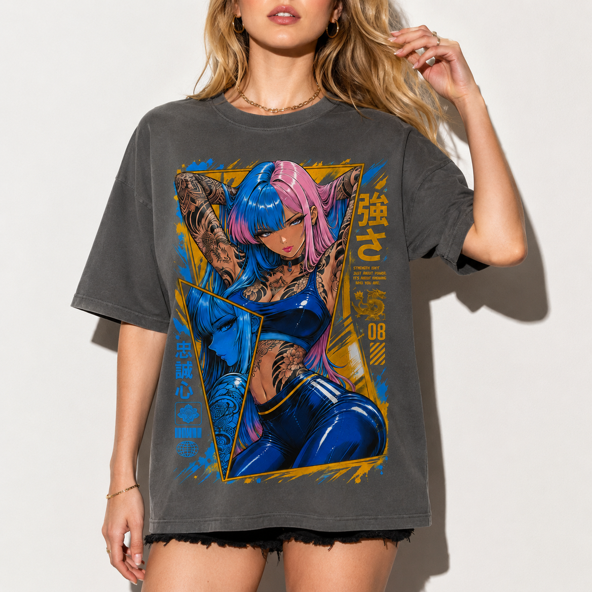 Anime Cyberpunk Tattoo Girl Graphic Tee Japanese Streetwear Unisex Cotton T-Shirt