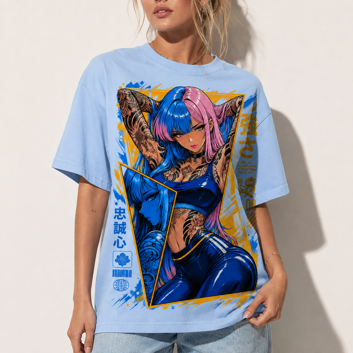 Anime Cyberpunk Tattoo Girl Graphic Tee Japanese Streetwear Unisex Cotton T-Shirt