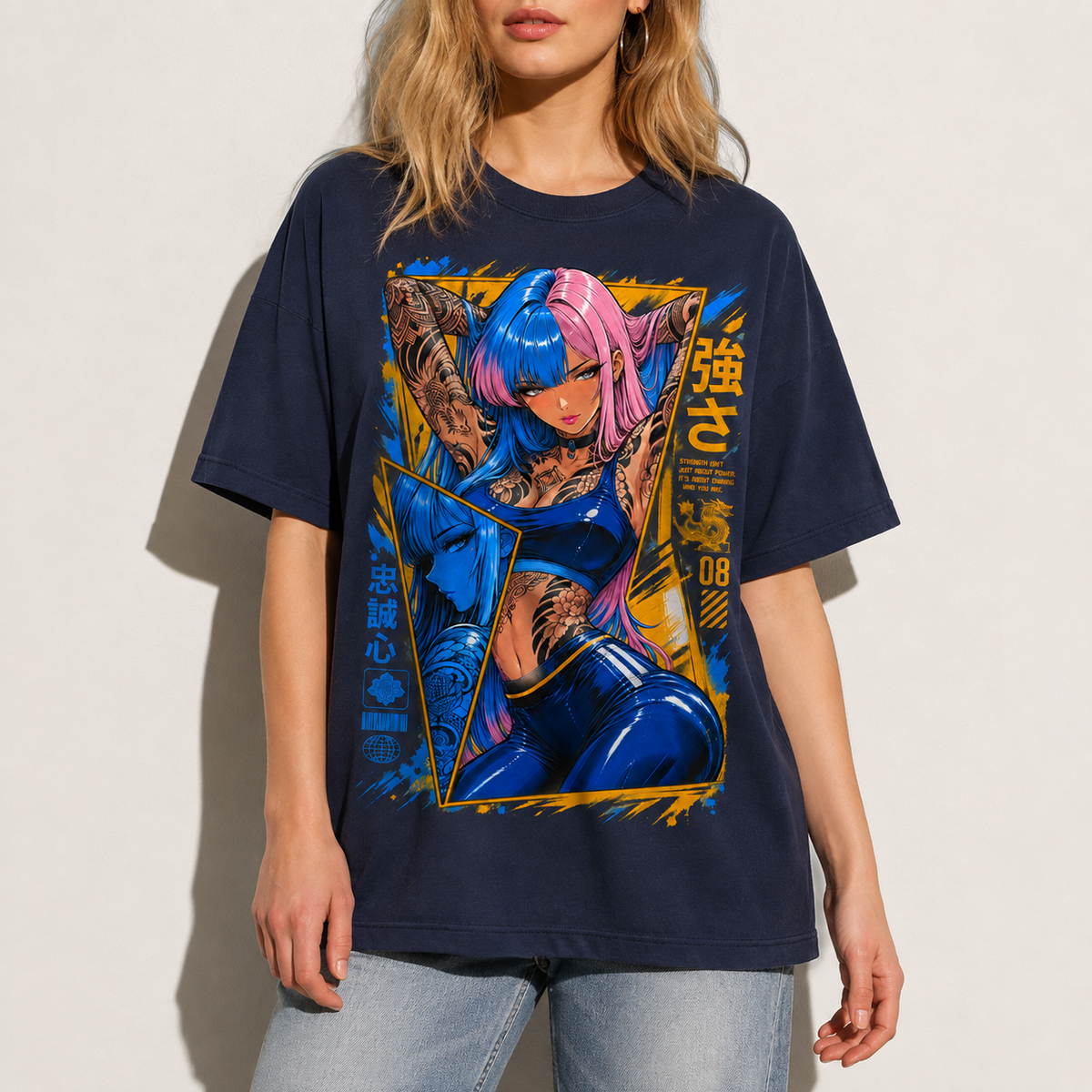 Anime Cyberpunk Tattoo Girl Graphic Tee Japanese Streetwear Unisex Cotton T-Shirt