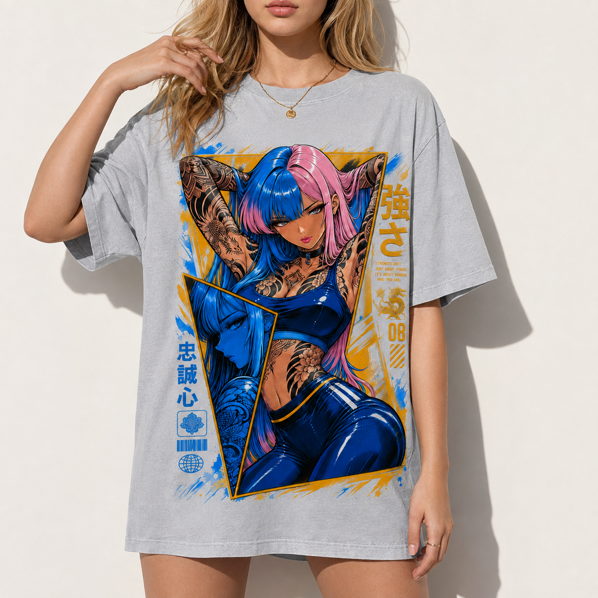 Anime Cyberpunk Tattoo Girl Graphic Tee Japanese Streetwear Unisex Cotton T-Shirt