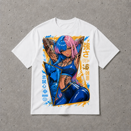 Anime Cyberpunk Tattoo Girl Graphic Tee Japanese Streetwear Unisex Cotton T-Shirt
