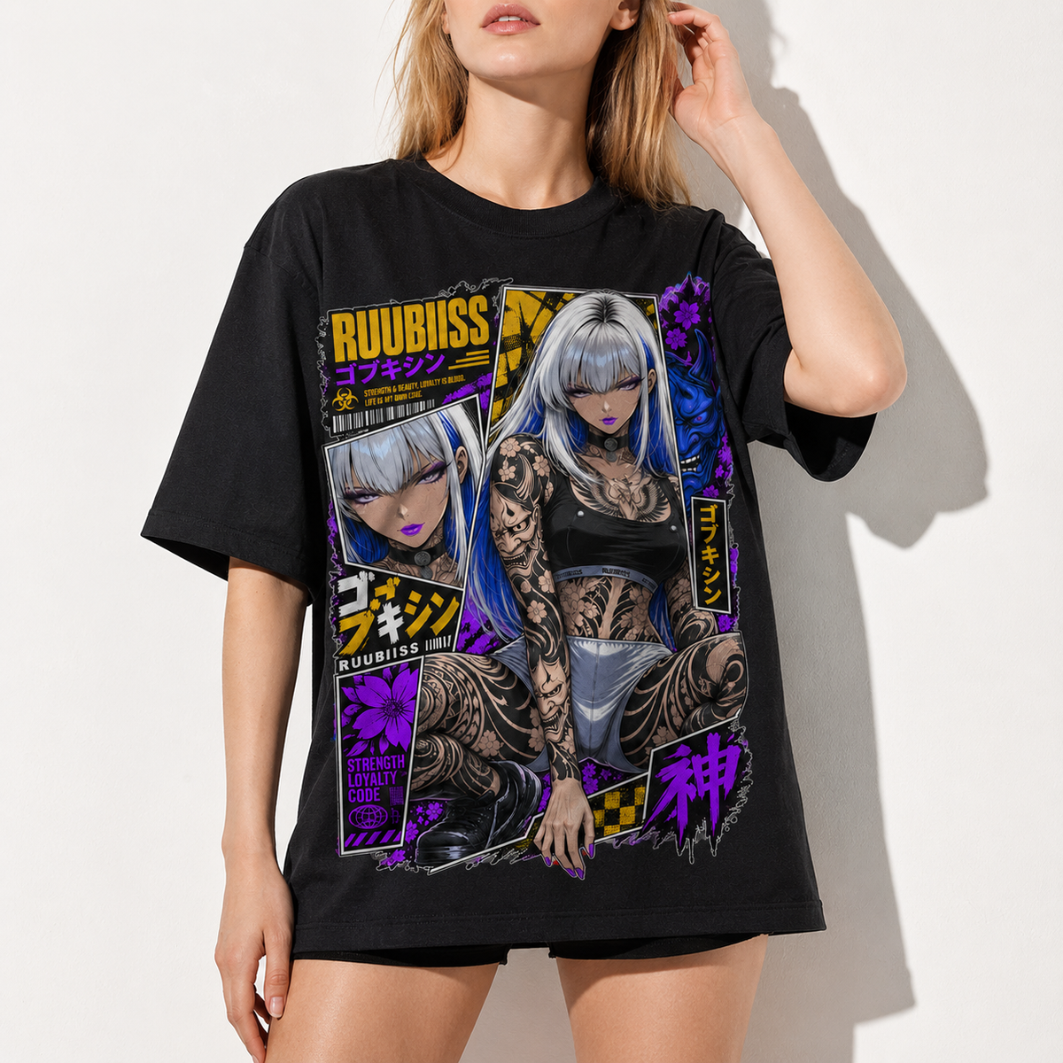 Cyberpunk Anime Girl Tattoo T-Shirt Japanese Streetwear Graphic Tee Oversized
