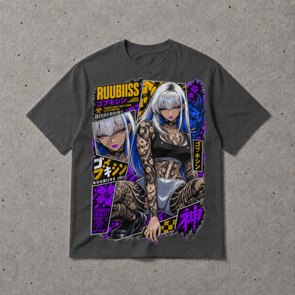 Cyberpunk Anime Girl Tattoo T-Shirt Japanese Streetwear Graphic Tee Oversized