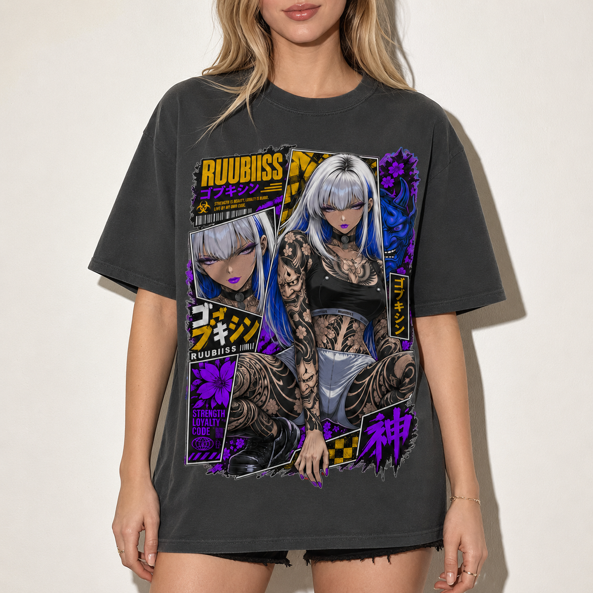 Cyberpunk Anime Girl Tattoo T-Shirt Japanese Streetwear Graphic Tee Oversized