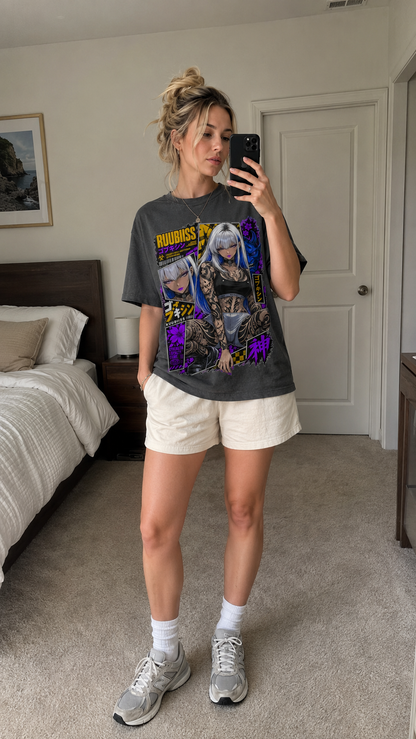 Cyberpunk Anime Girl Tattoo T-Shirt Japanese Streetwear Graphic Tee Oversized