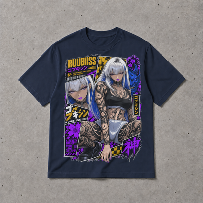 Cyberpunk Anime Girl Tattoo T-Shirt Japanese Streetwear Graphic Tee Oversized