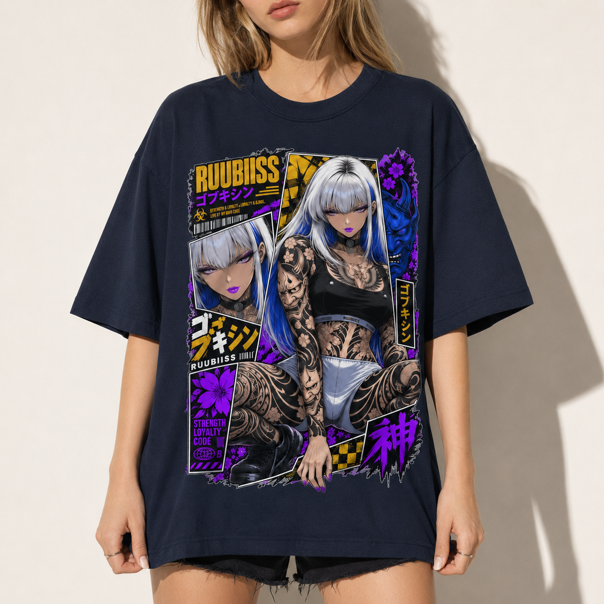 Cyberpunk Anime Girl Tattoo T-Shirt Japanese Streetwear Graphic Tee Oversized