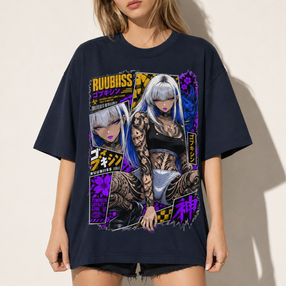 Cyberpunk Anime Girl Tattoo T-Shirt Japanese Streetwear Graphic Tee Oversized