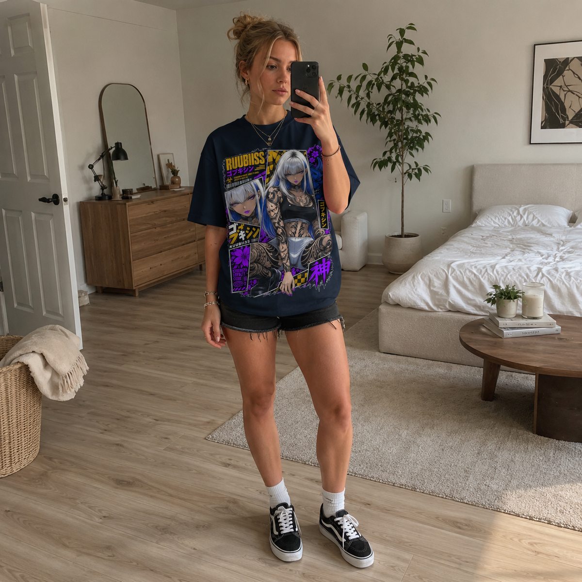 Cyberpunk Anime Girl Tattoo T-Shirt Japanese Streetwear Graphic Tee Oversized