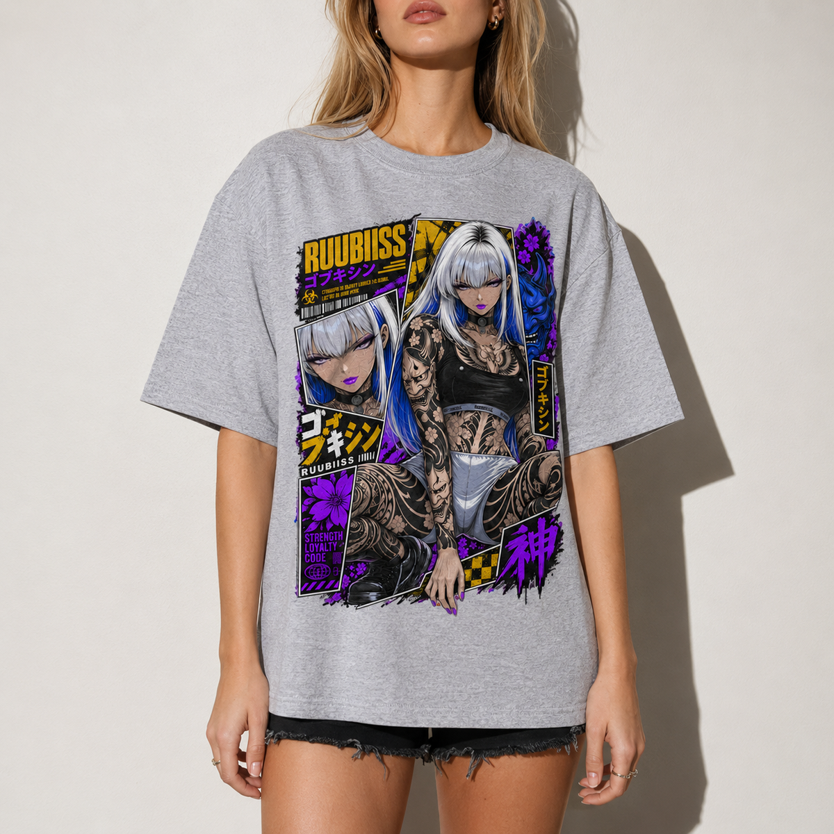 Cyberpunk Anime Girl Tattoo T-Shirt Japanese Streetwear Graphic Tee Oversized