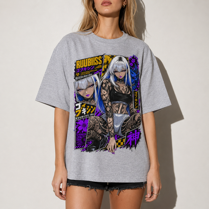 Cyberpunk Anime Girl Tattoo T-Shirt Japanese Streetwear Graphic Tee Oversized