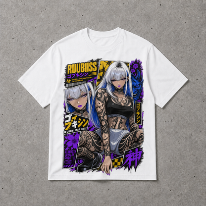 Cyberpunk Anime Girl Tattoo T-Shirt Japanese Streetwear Graphic Tee Oversized