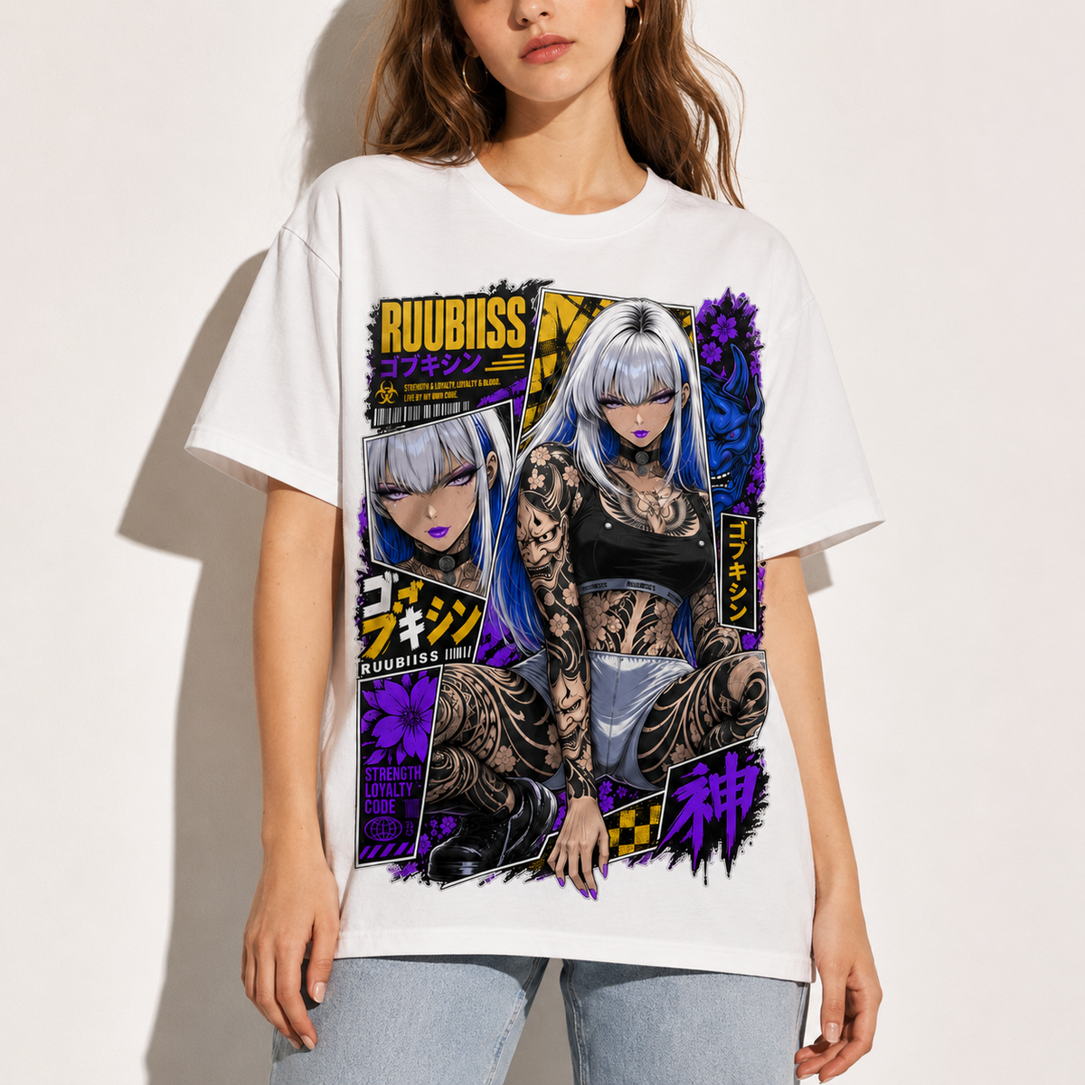 Cyberpunk Anime Girl Tattoo T-Shirt Japanese Streetwear Graphic Tee Oversized