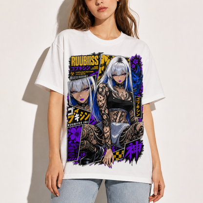 Cyberpunk Anime Girl Tattoo T-Shirt Japanese Streetwear Graphic Tee Oversized