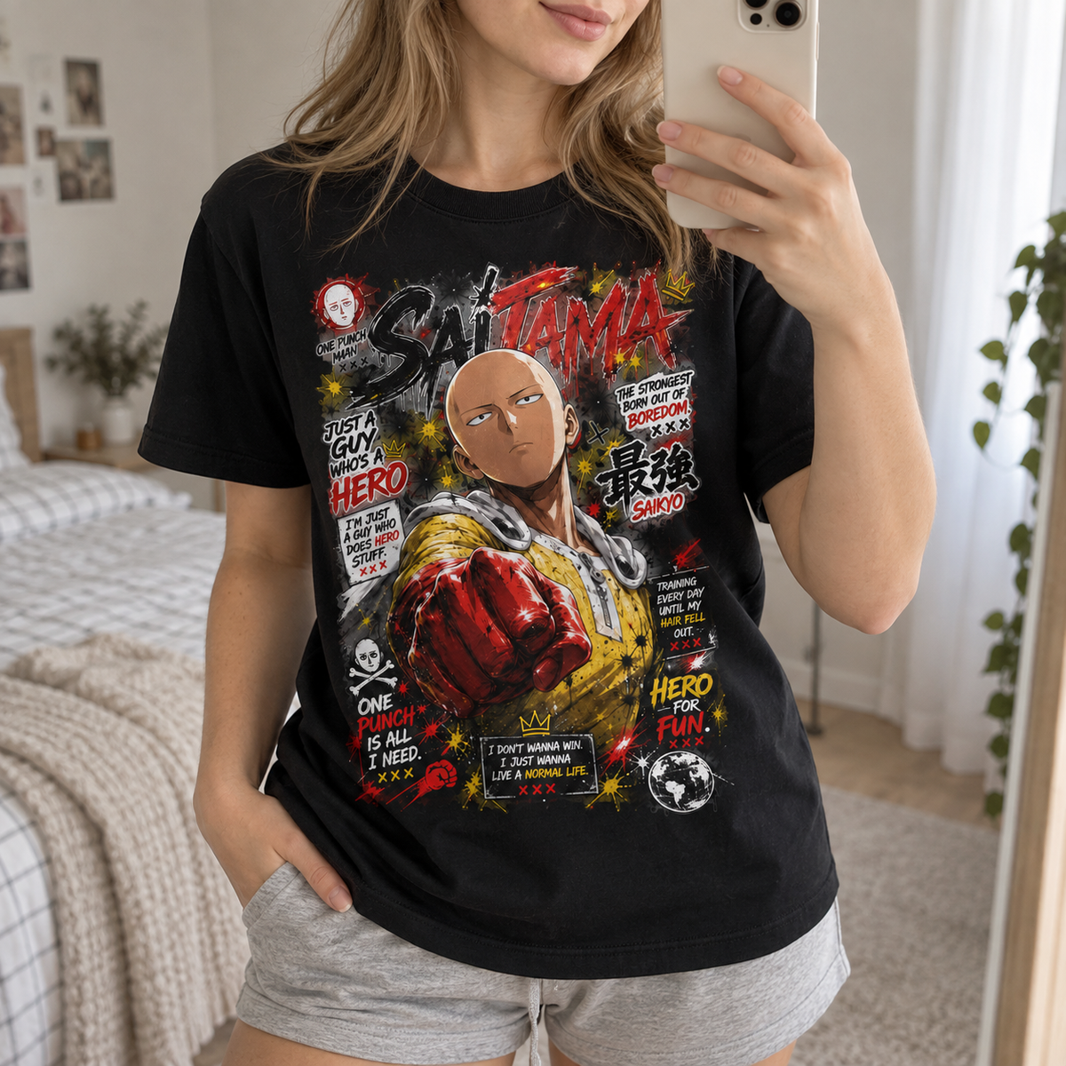 Anime Hero Punching Power Graphic Tee Retro Manga Style Unisex Cotton T-Shirt