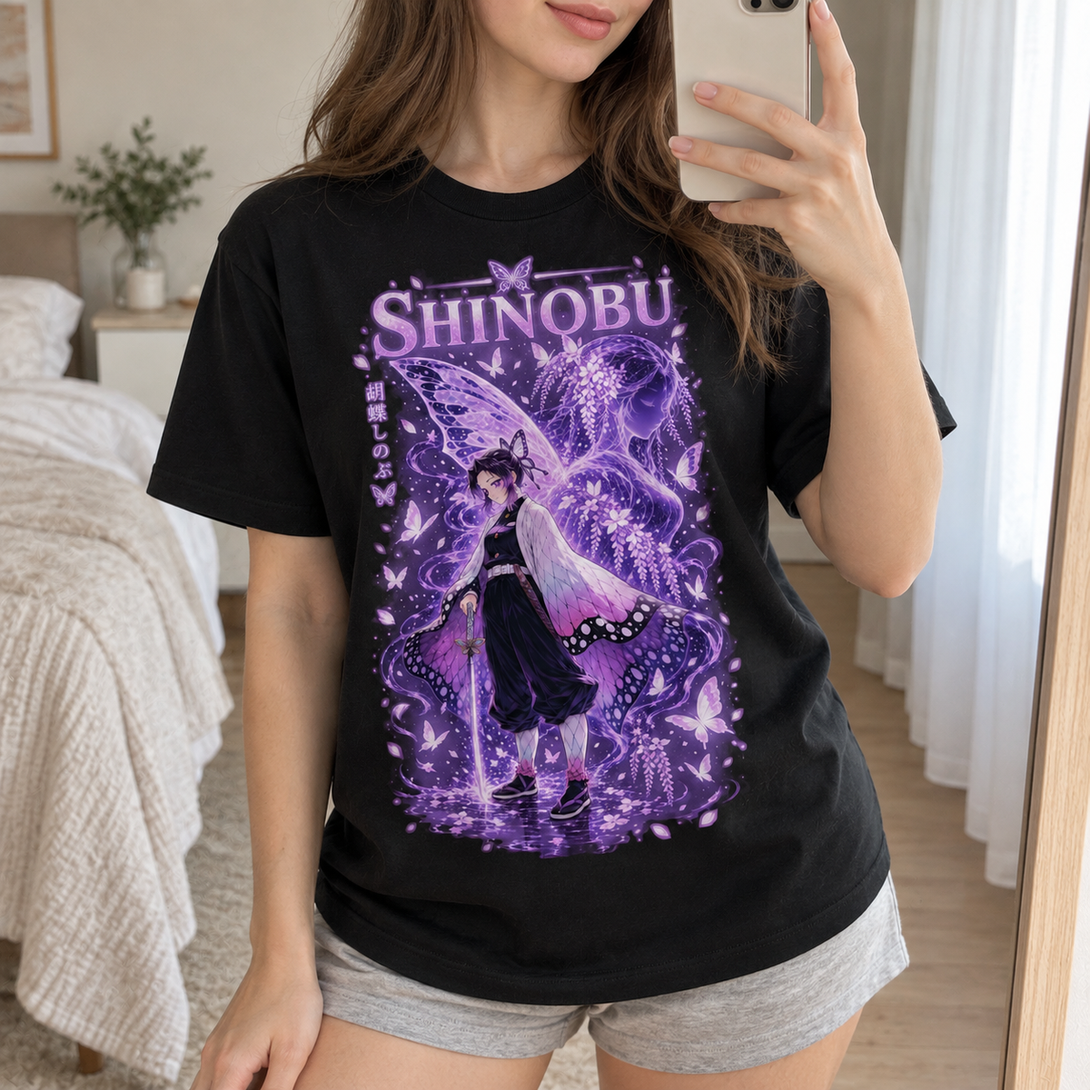 Shinobu Anime Butterfly Graphic T-Shirt, Japanese Manga Lover Tee, Kawaii Aesthetic Unisex Cotton Shirt