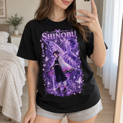 Shinobu Anime Butterfly Graphic T-Shirt, Japanese Manga Lover Tee, Kawaii Aesthetic Unisex Cotton Shirt