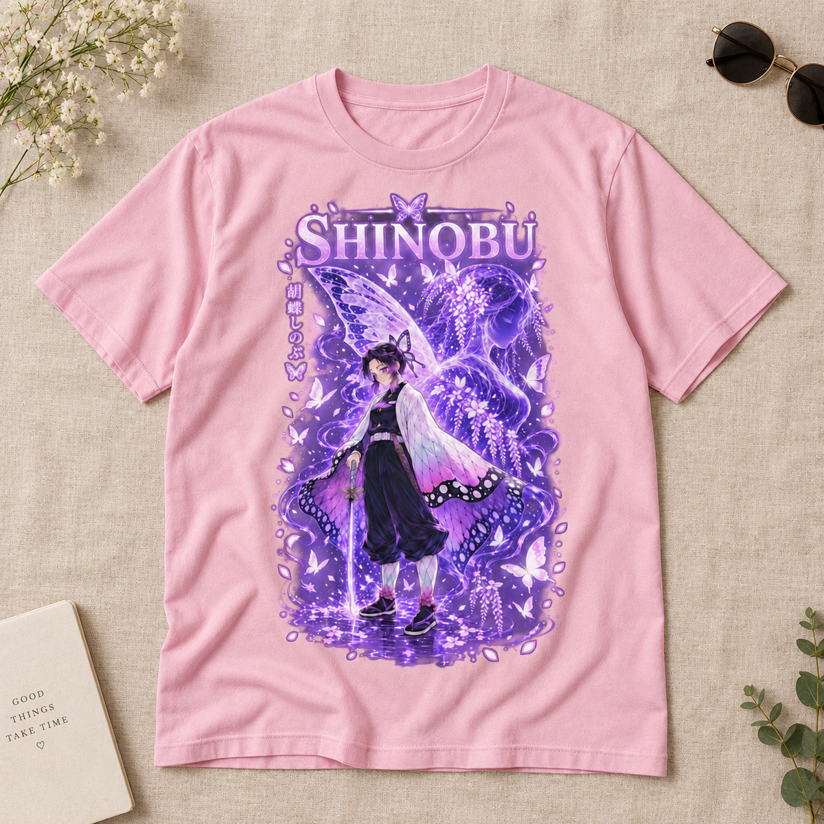 Shinobu Anime Butterfly Graphic T-Shirt, Japanese Manga Lover Tee, Kawaii Aesthetic Unisex Cotton Shirt