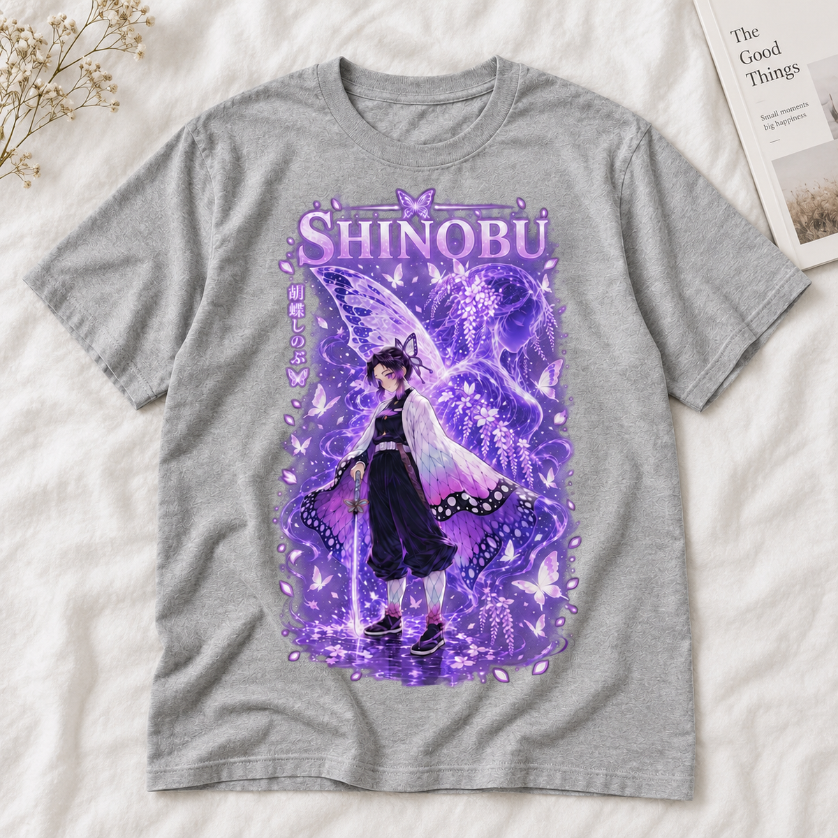 Shinobu Anime Butterfly Graphic T-Shirt, Japanese Manga Lover Tee, Kawaii Aesthetic Unisex Cotton Shirt