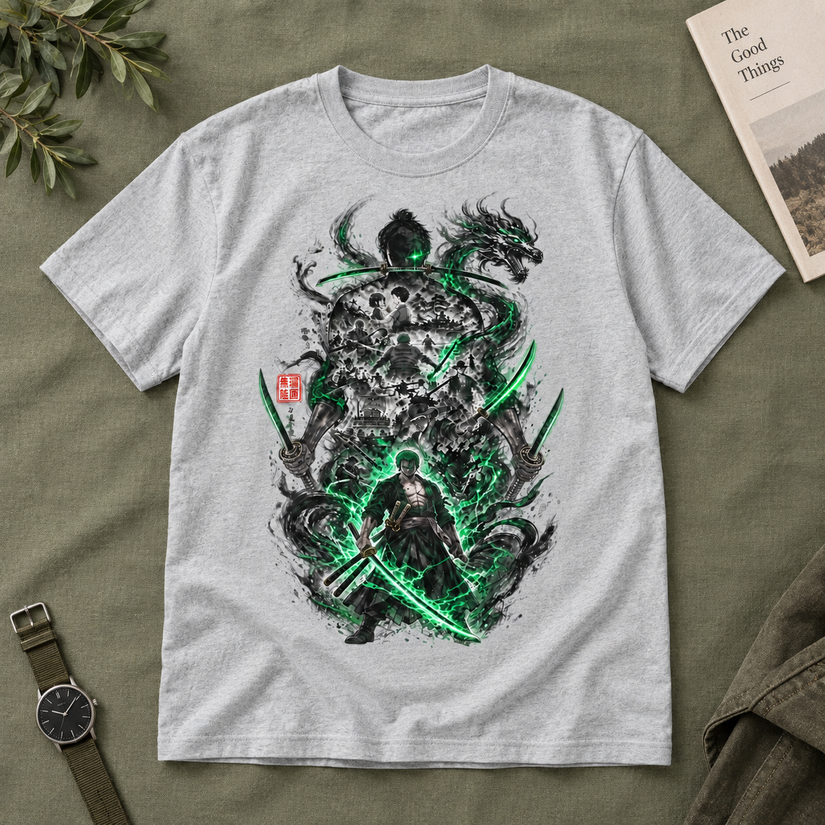Anime Samurai Green Aura Swordsman Unisex Graphic T-Shirt Japanese Manga Art Tee