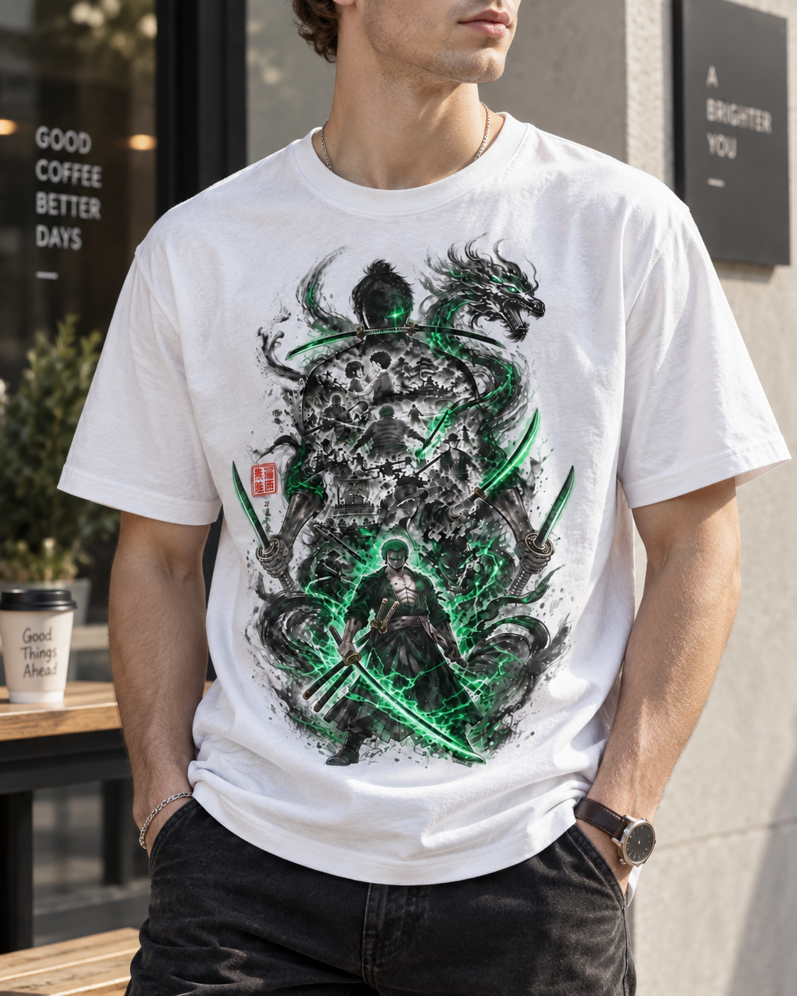Anime Samurai Green Aura Swordsman Unisex Graphic T-Shirt Japanese Manga Art Tee