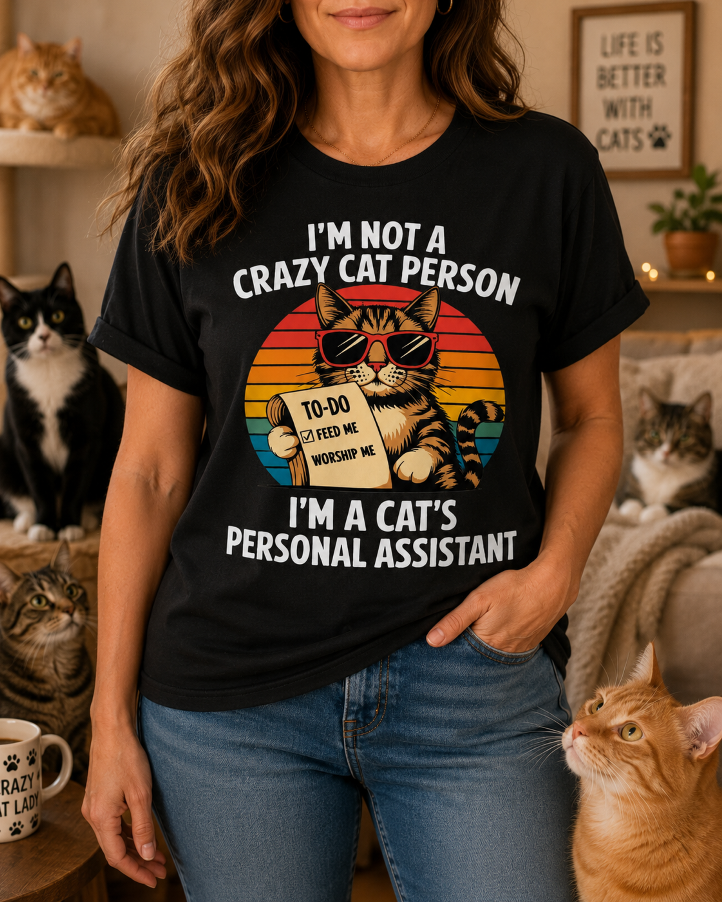 Gift for Cat Lovers "I'm not a Crazy Cat Person. I'm a Cat's Personal Assistant" - Adult Unisex and Youth Premium Cotton T-Shirt DTF Print