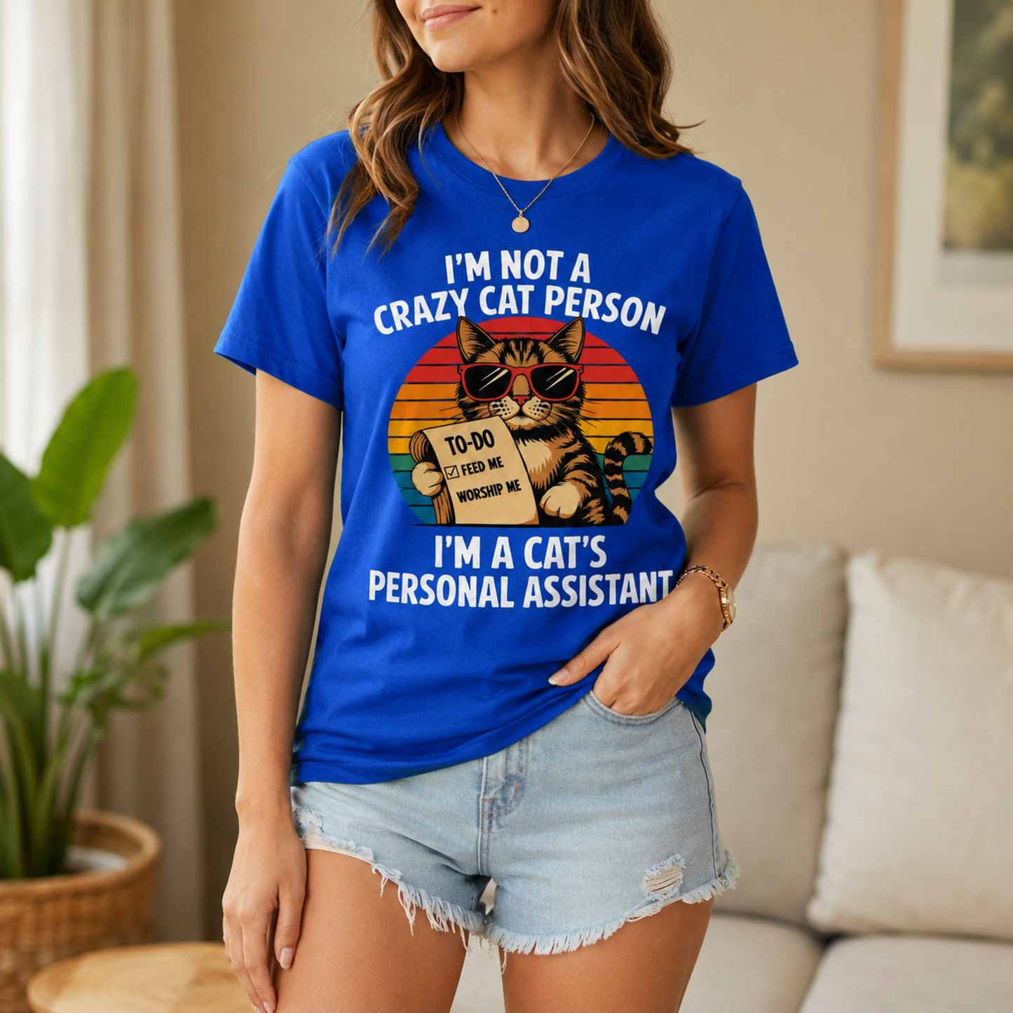 Gift for Cat Lovers "I'm not a Crazy Cat Person. I'm a Cat's Personal Assistant" - Adult Unisex and Youth Premium Cotton T-Shirt DTF Print