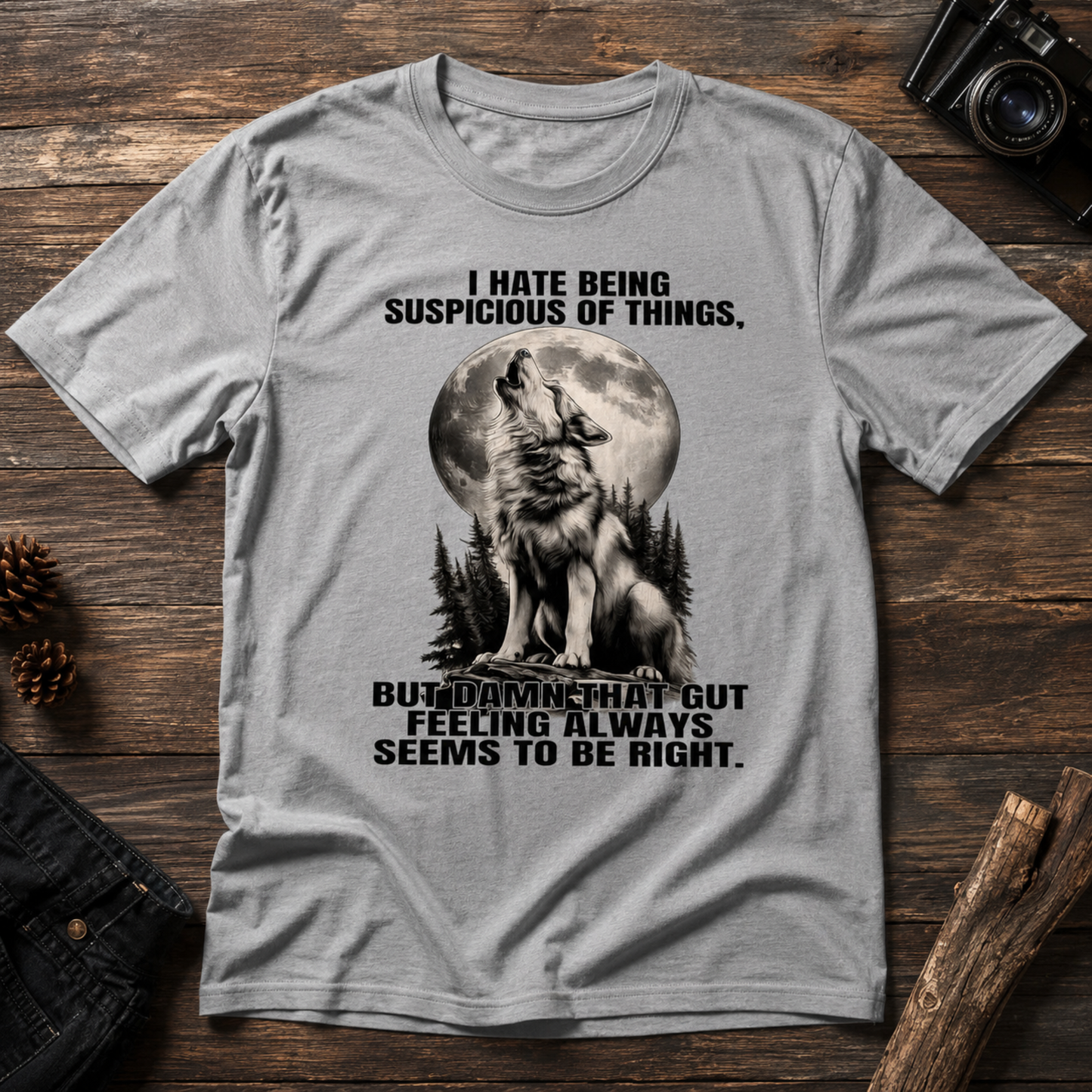 Trust Your Gut Wolf T-Shirt – Suspicious of Things Funny Graphic Tee