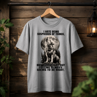 Trust Your Gut Wolf T-Shirt – Suspicious of Things Funny Graphic Tee