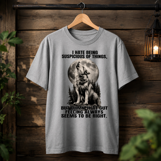 Trust Your Gut Wolf T-Shirt – Suspicious of Things Funny Graphic Tee