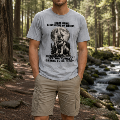 Trust Your Gut Wolf T-Shirt – Suspicious of Things Funny Graphic Tee