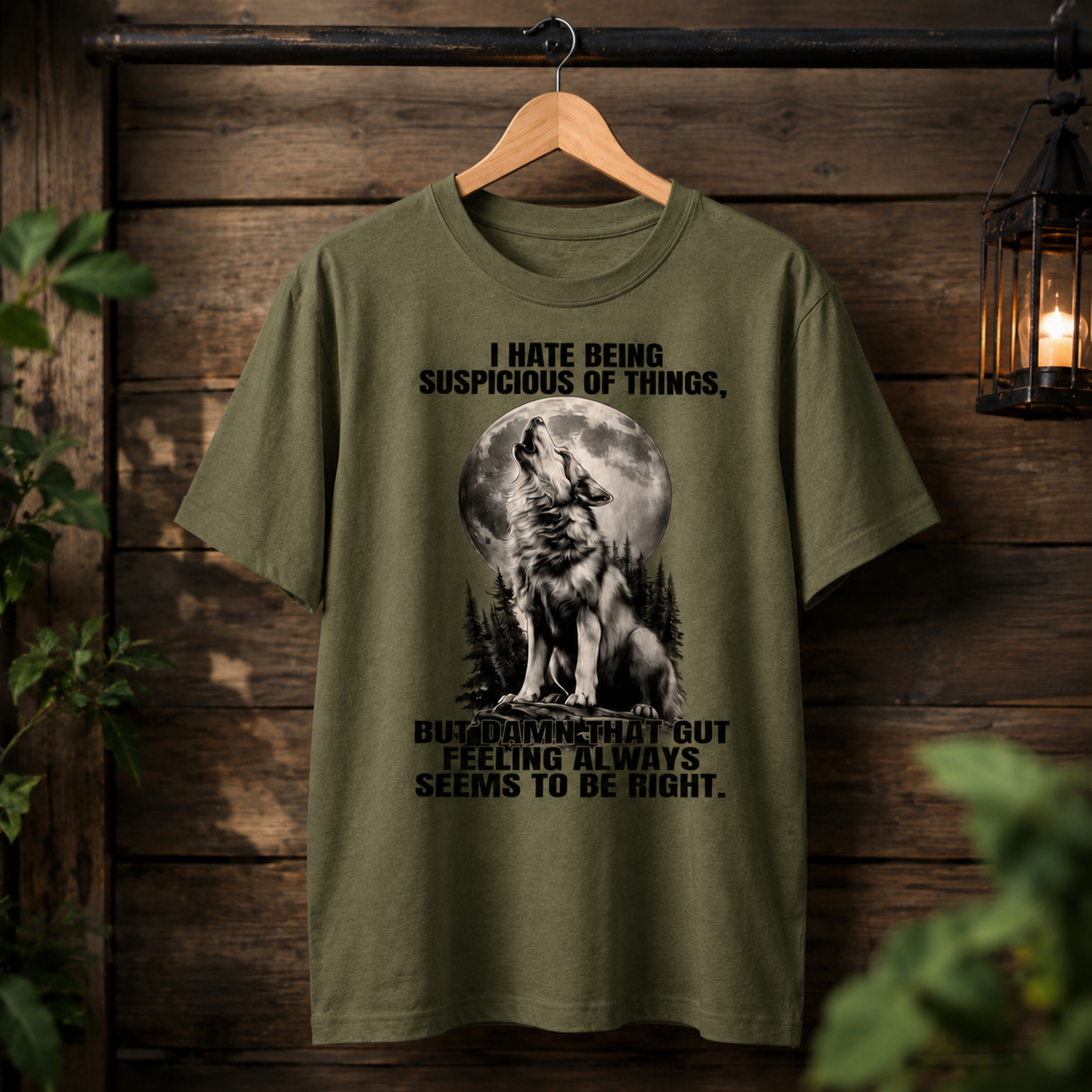 Trust Your Gut Wolf T-Shirt – Suspicious of Things Funny Graphic Tee