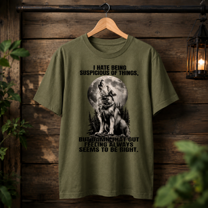 Trust Your Gut Wolf T-Shirt – Suspicious of Things Funny Graphic Tee