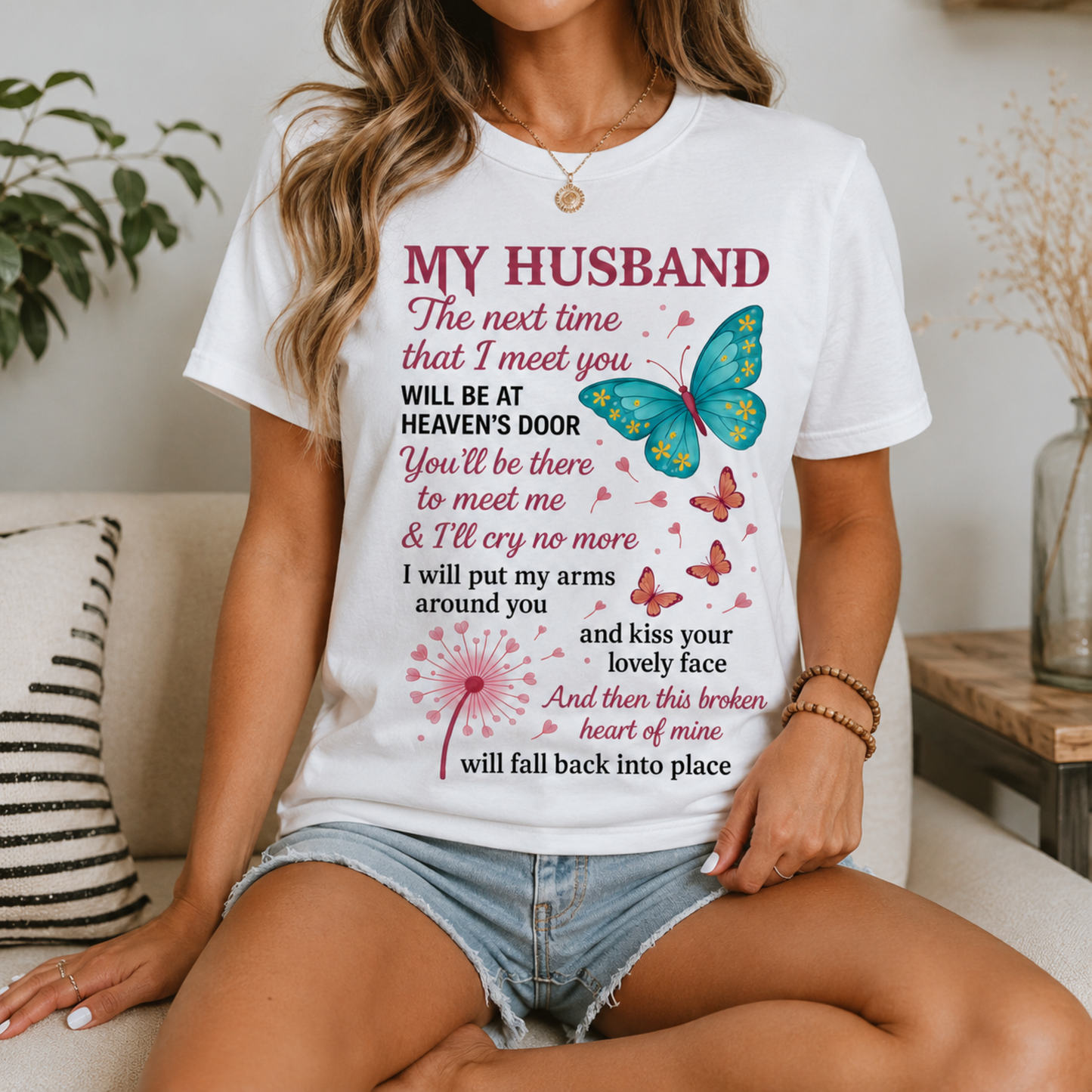 My Husband Memorial T-Shirt – Heaven’s Door Butterfly Remembrance Tee