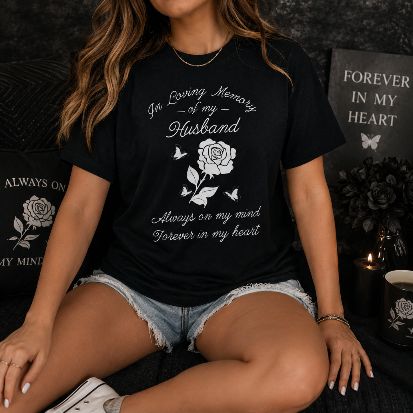 In Loving Memory of My Husband T-Shirt – Rose and Butterfly Memorial Tee