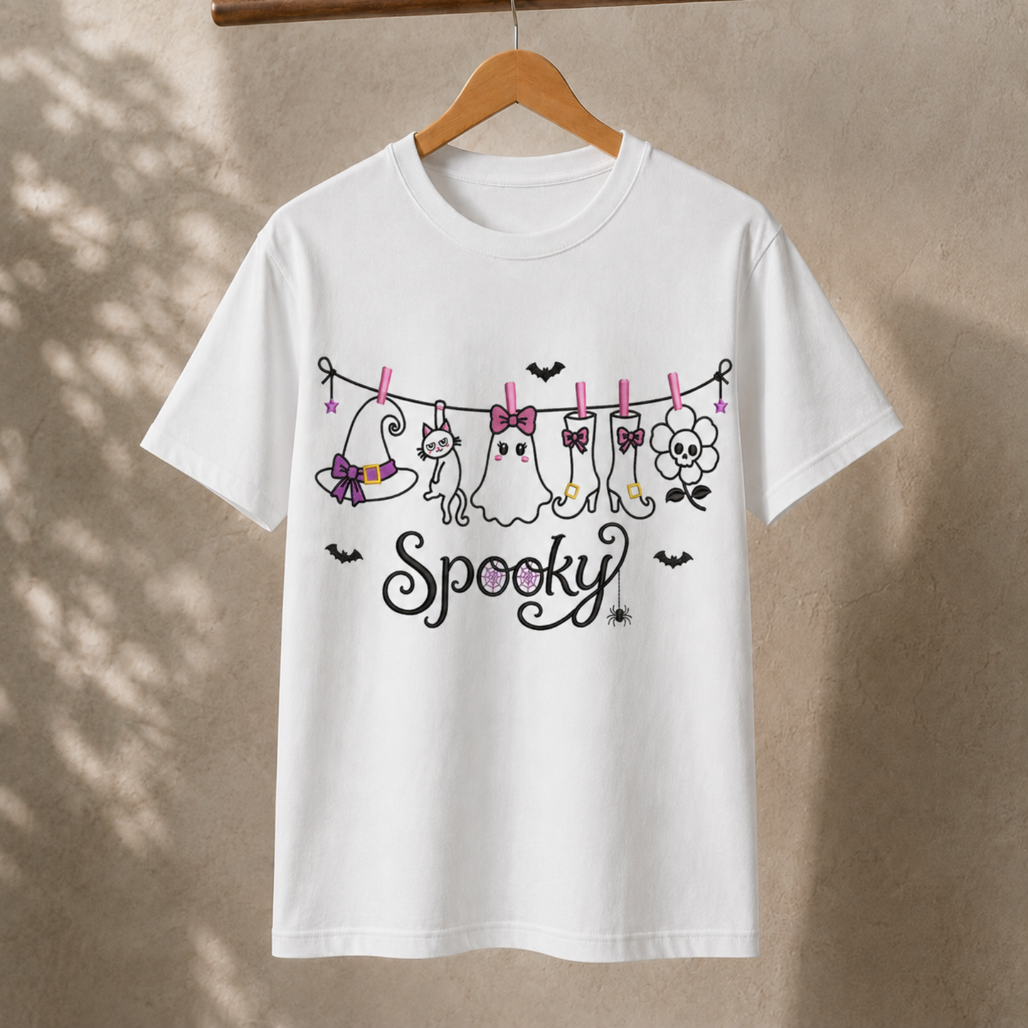 Spooky Clothesline Halloween T-Shirt – Cute Ghost and Witch Graphic Tee