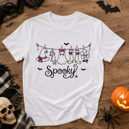 Spooky Clothesline Halloween T-Shirt – Cute Ghost and Witch Graphic Tee