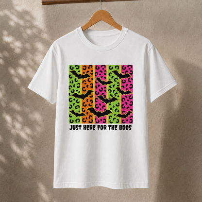 Just Here for the Boos T-Shirt – Neon Leopard Bat Halloween Tee
