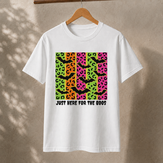 Just Here for the Boos T-Shirt – Neon Leopard Bat Halloween Tee