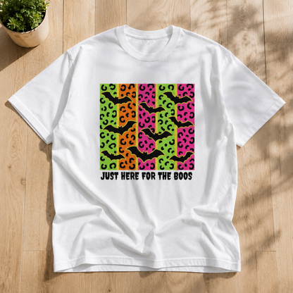 Just Here for the Boos T-Shirt – Neon Leopard Bat Halloween Tee