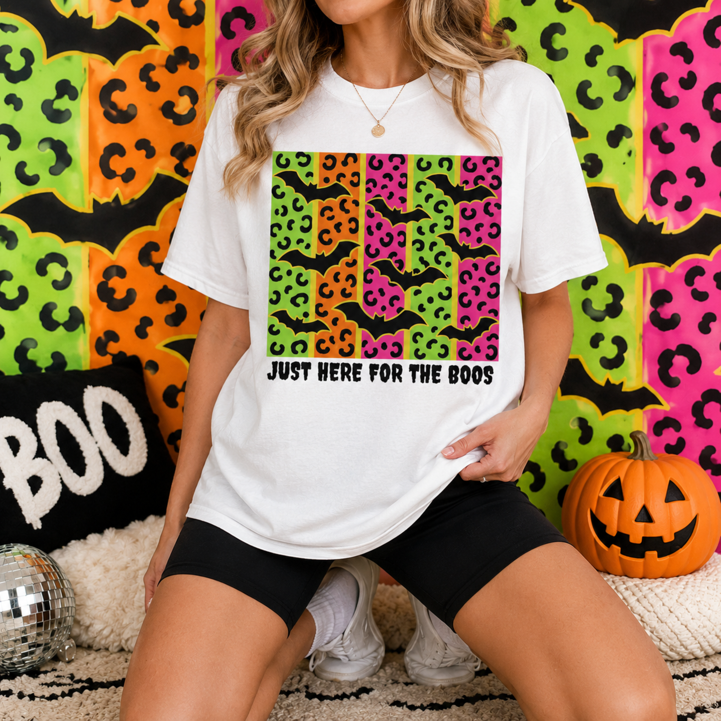 Just Here for the Boos T-Shirt – Neon Leopard Bat Halloween Tee