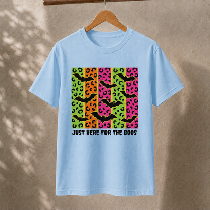Just Here for the Boos T-Shirt – Neon Leopard Bat Halloween Tee