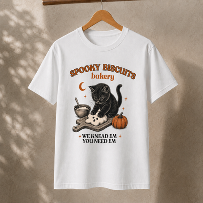 Spooky Biscuits Bakery T-Shirt – Black Cat Halloween Baking Tee