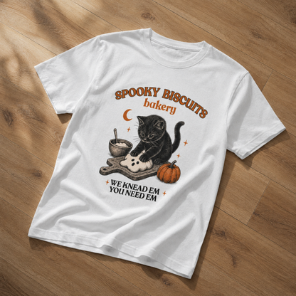 Spooky Biscuits Bakery T-Shirt – Black Cat Halloween Baking Tee
