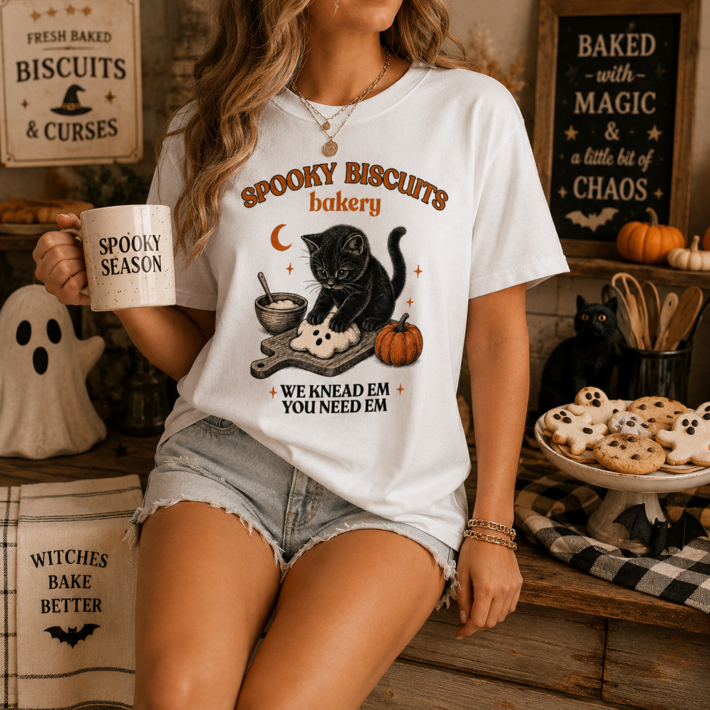 Spooky Biscuits Bakery T-Shirt – Black Cat Halloween Baking Tee